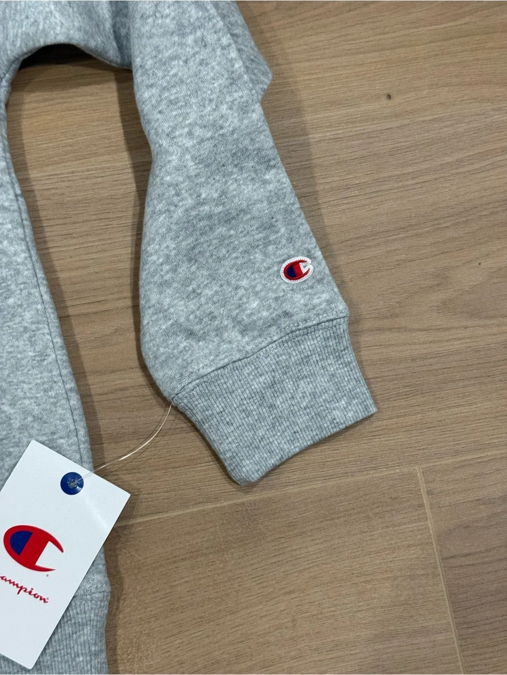 Champion Heather Gray Kids Hoodie with Navy Logo and Red '19 Patch